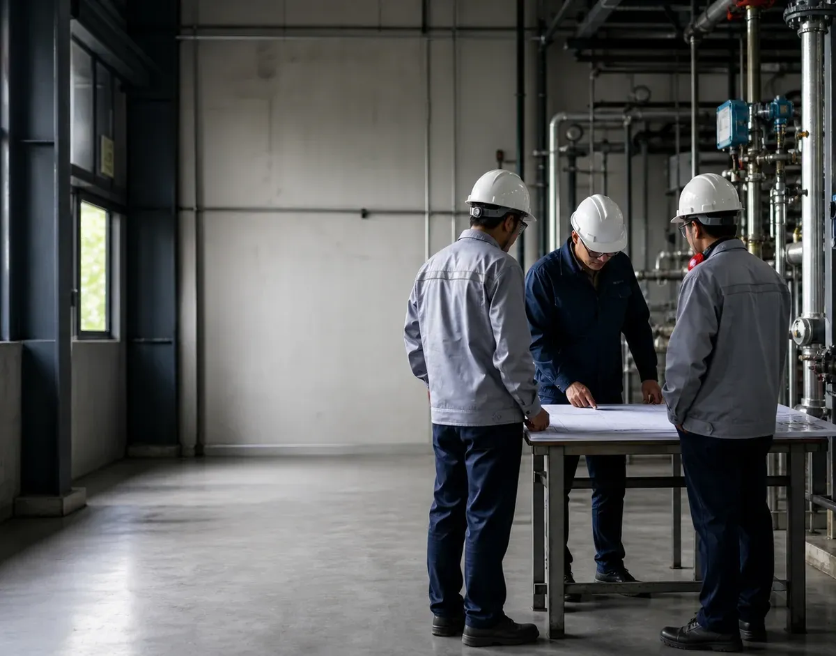 Tim konsultan meninjau dokumen di area industri